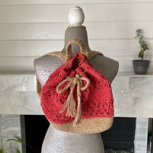 Boho Red and Natural Raffia Drawstring Backpack